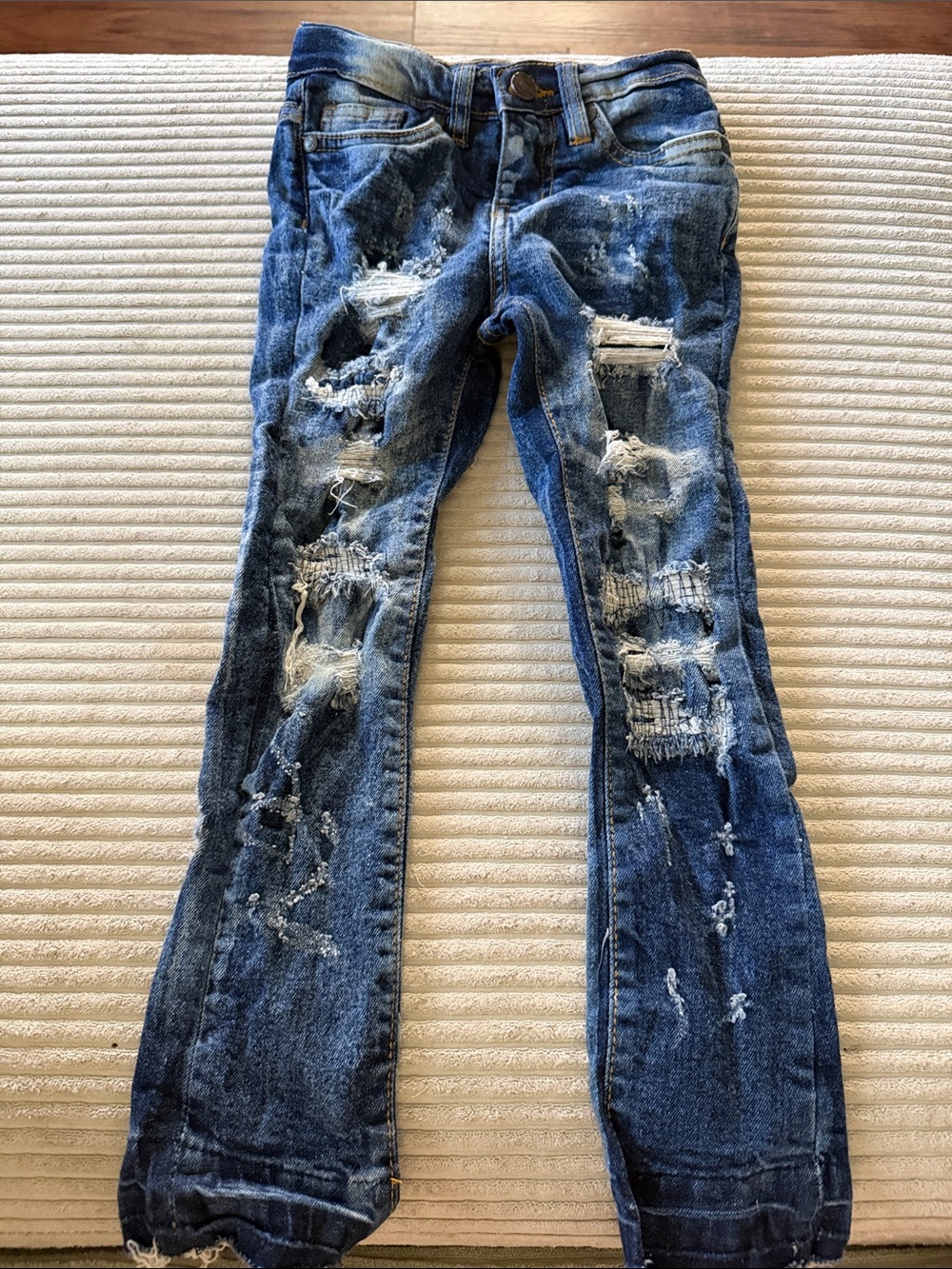 Girls Distressed Slim Fit Jeans in Dark Blue
